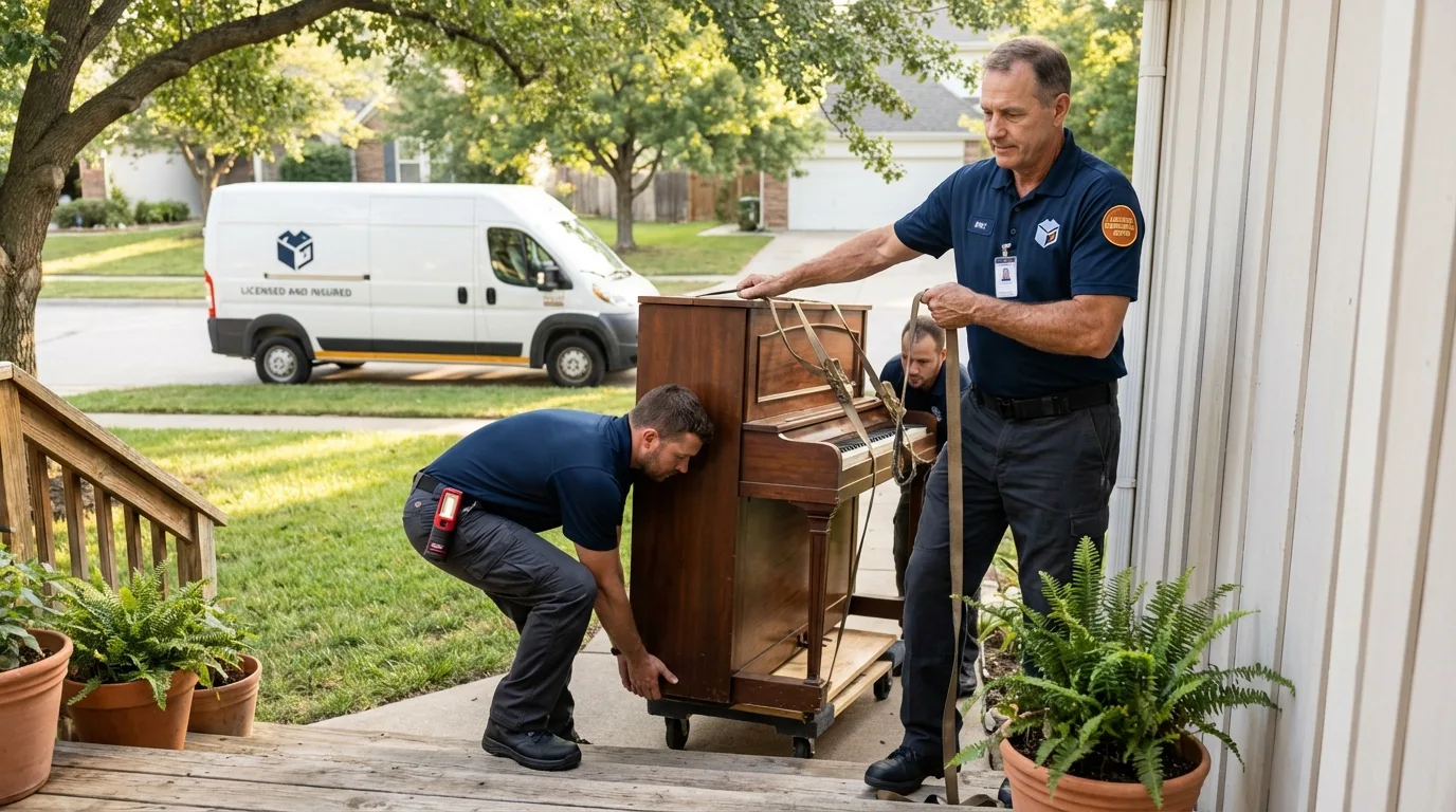 Licensed piano movers securing grand piano in Lyndeborough, NH