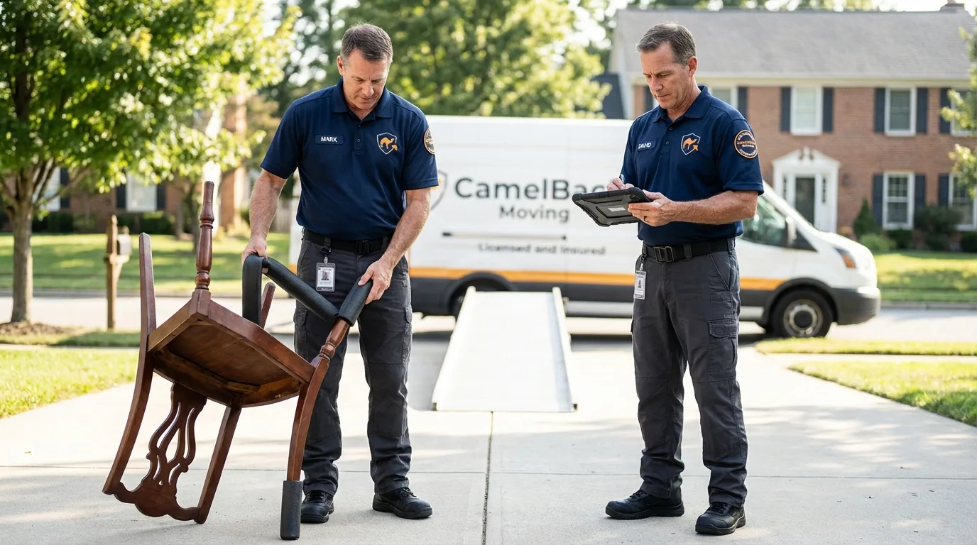 Movers inspecting furniture for damage prevention before loading in Lyndeborough, NH