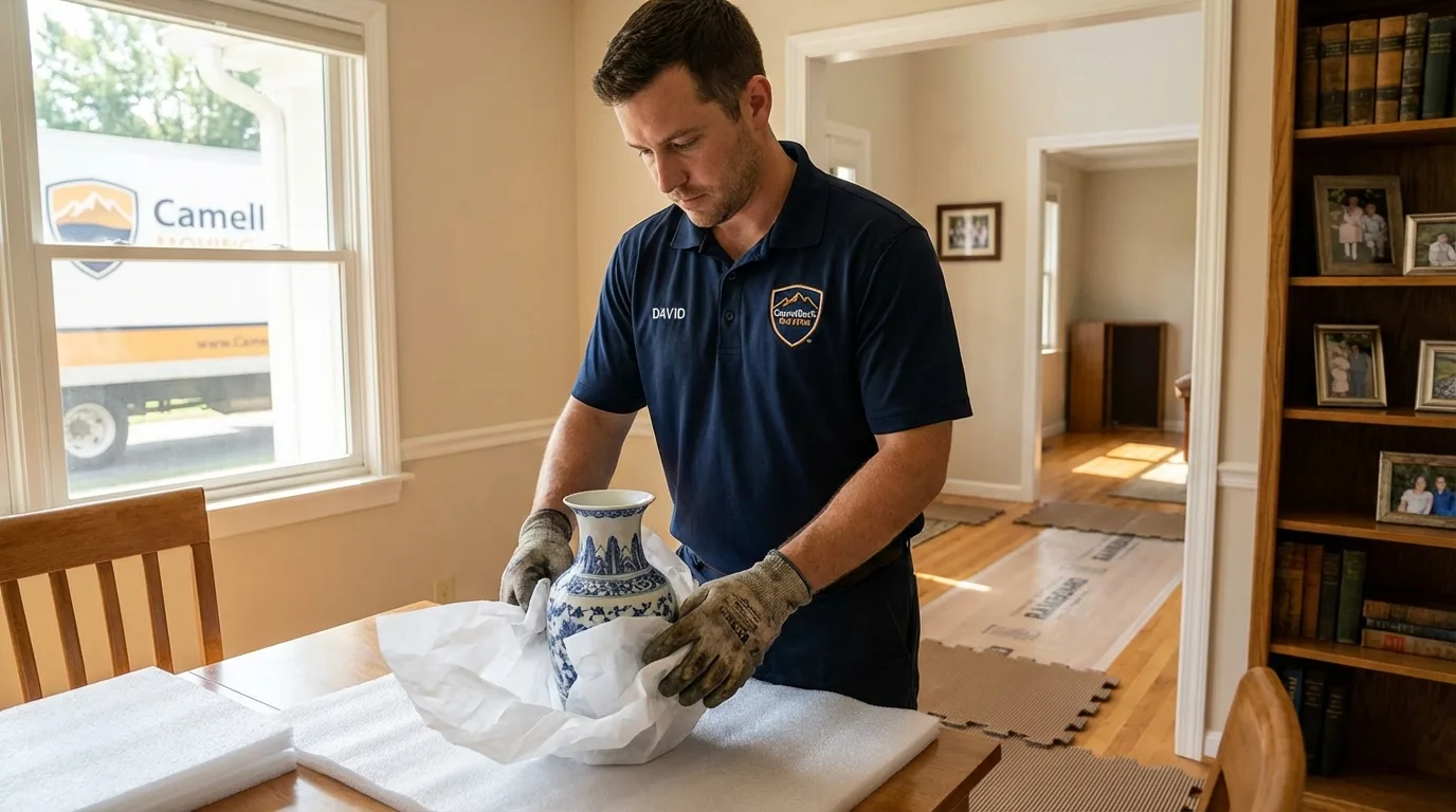 Professional crew carefully wrapping antique vase for senior downsizing move in Lyndeborough, NH