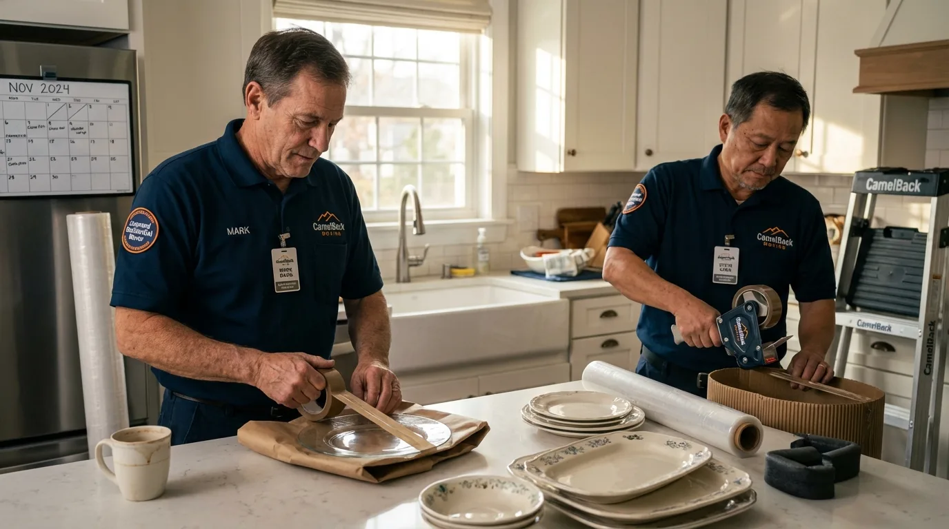 Professional crew packing kitchen dishware in Lyndeborough, NH